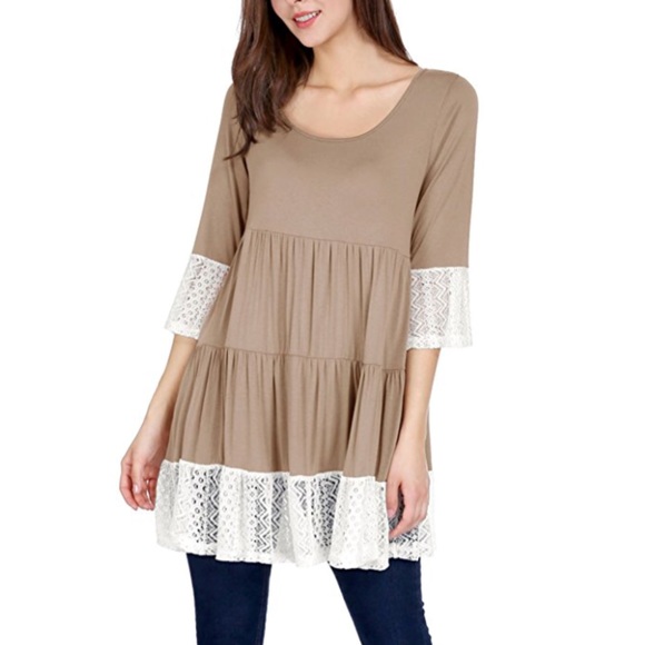 Trumpet Sleeves Lace Boyfriend Tiered Tunic Top - Picture 2 of 4